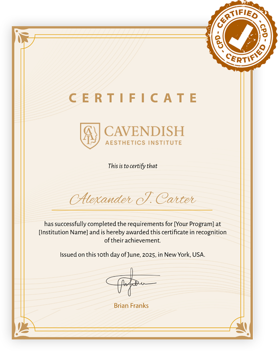 Certificate from Cavendish Aesthetics Institute with a decorative border and seal.