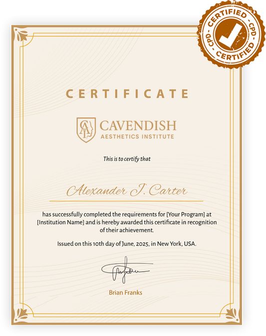 Certificate from Cavendish Aesthetics Institute with a decorative border and seal.